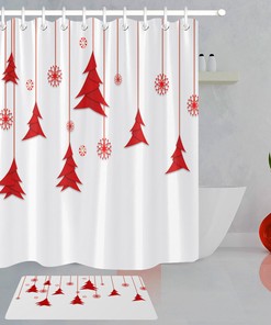 Red Christmas Tree And Snowflakes Festive Shower Curtain For Your Bathroom 