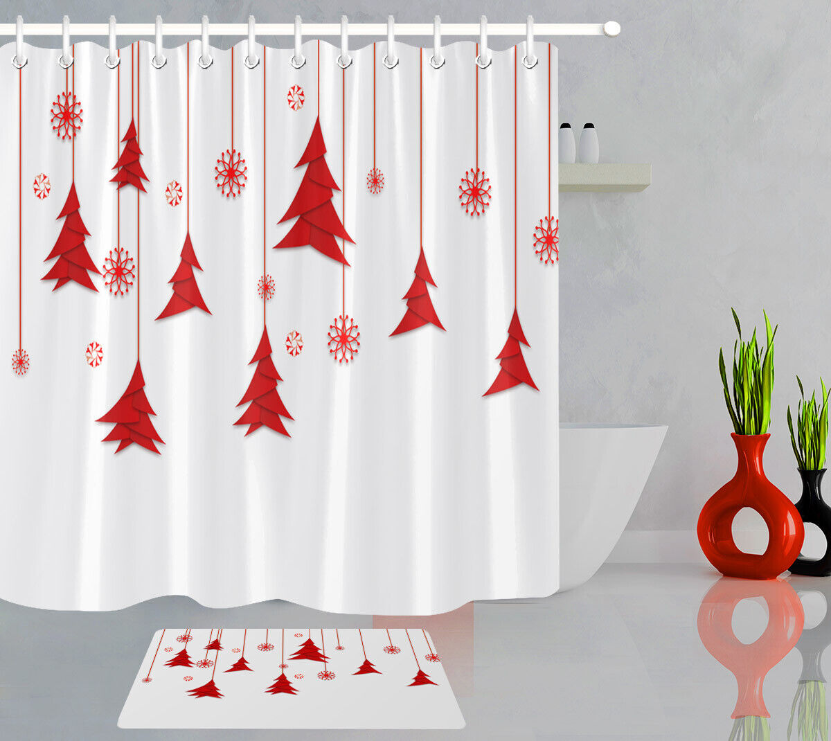 Red Christmas Tree And Snowflakes Festive Shower Curtain For Your Bathroom
