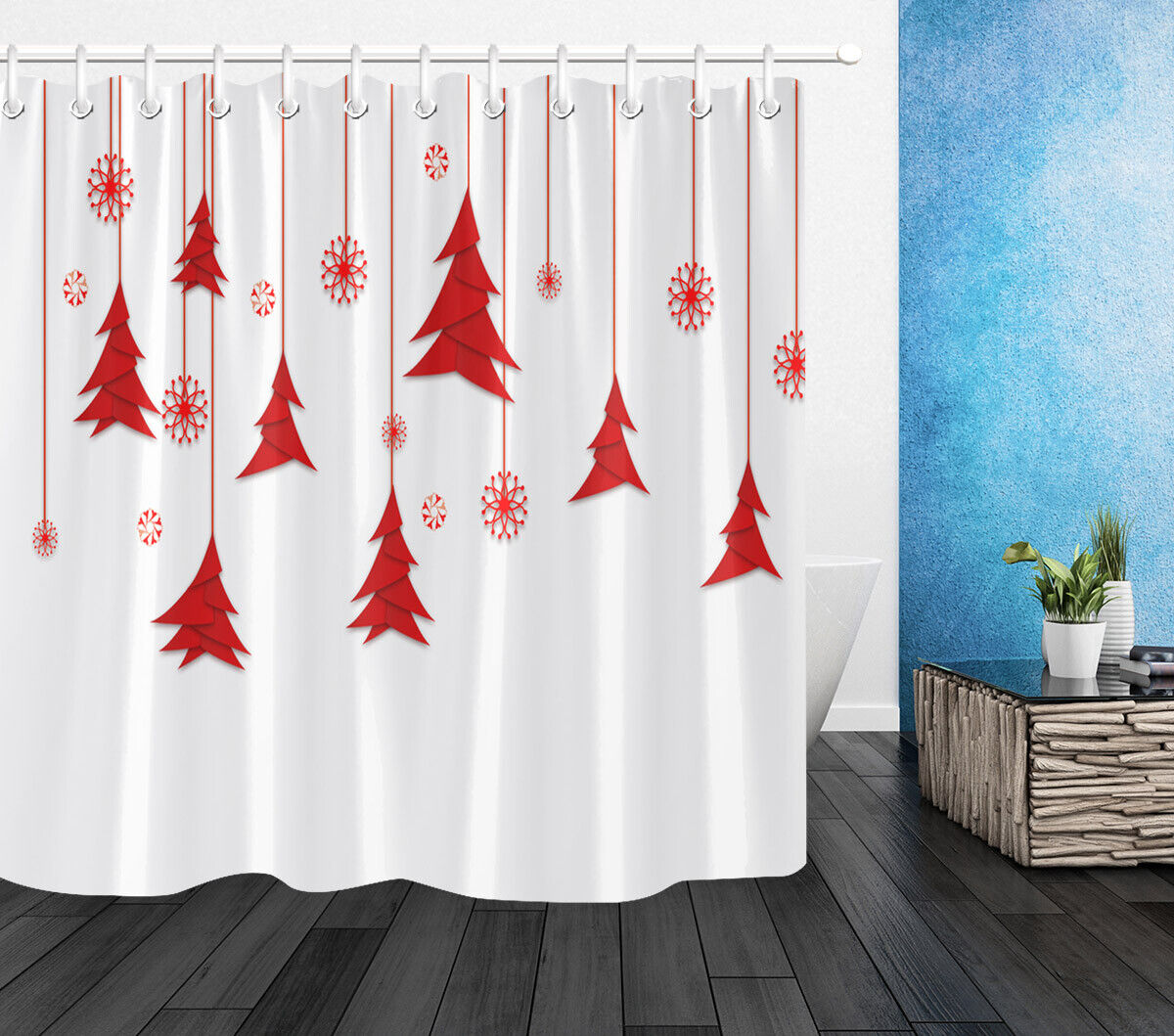 Red Christmas Tree And Snowflakes Festive Shower Curtain For Your Bathroom