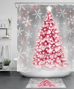 Red Christmas Tree Watercolor Snowflake Shower Curtain for Bathroom Decor