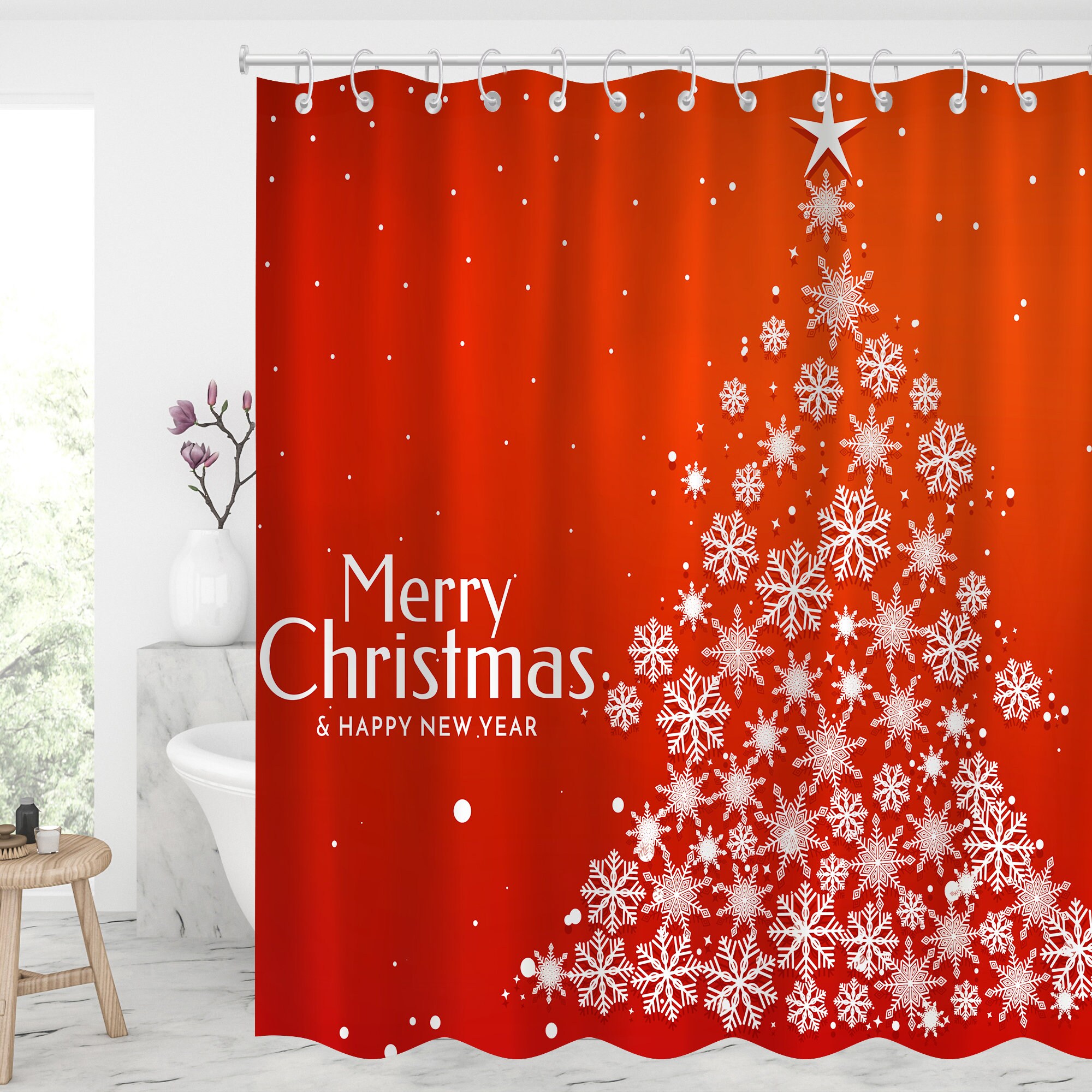 Red Christmas Tree Waterproof Shower Curtain - Rustic Farmhouse Bathroom Decor