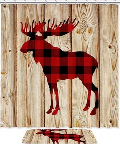 Red Cute Deer Printed Bathroom Tub Set With Waterproof Fabric Shower Curtain