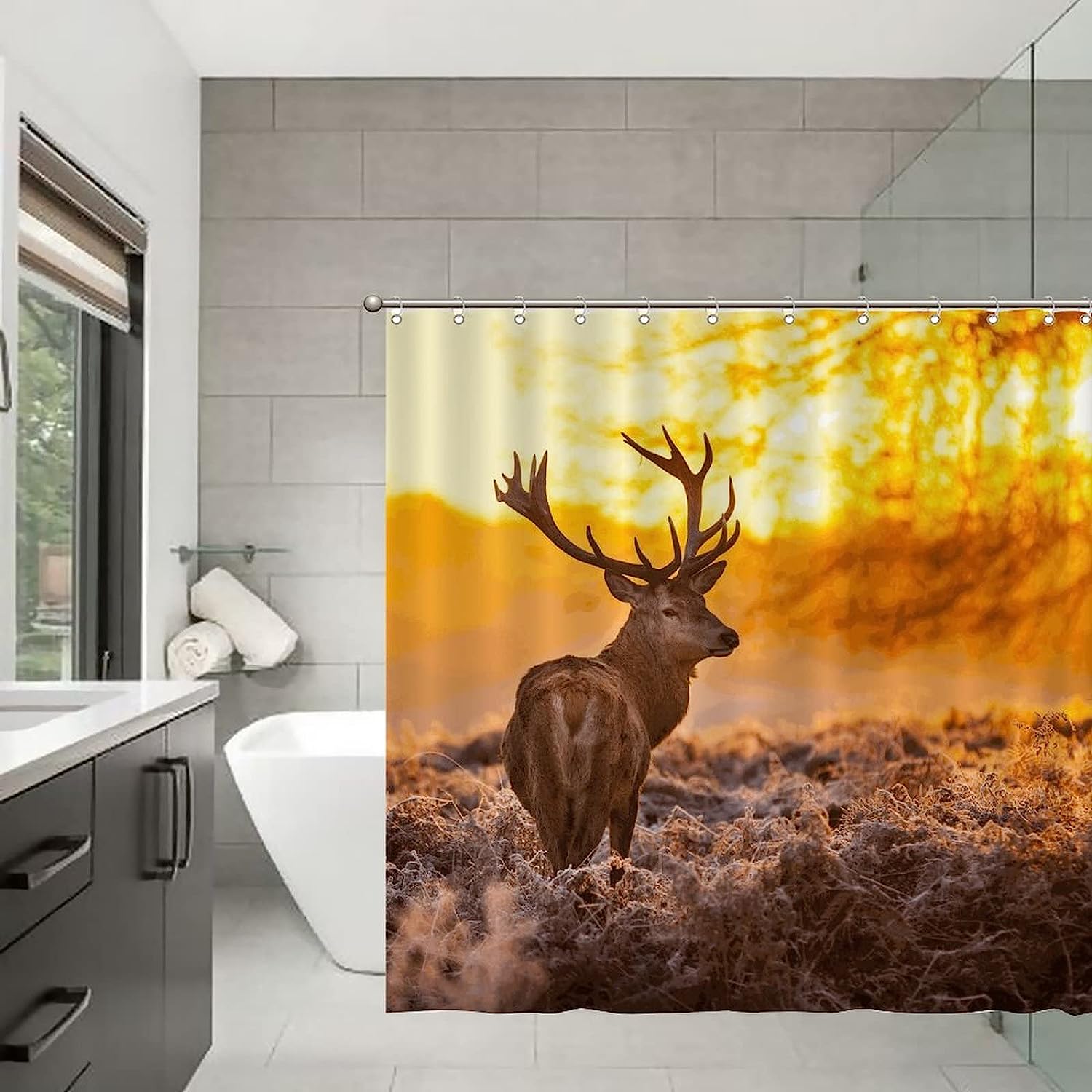 Red Deer at Sunrise Shower Curtain for Nature Bathroom Decor