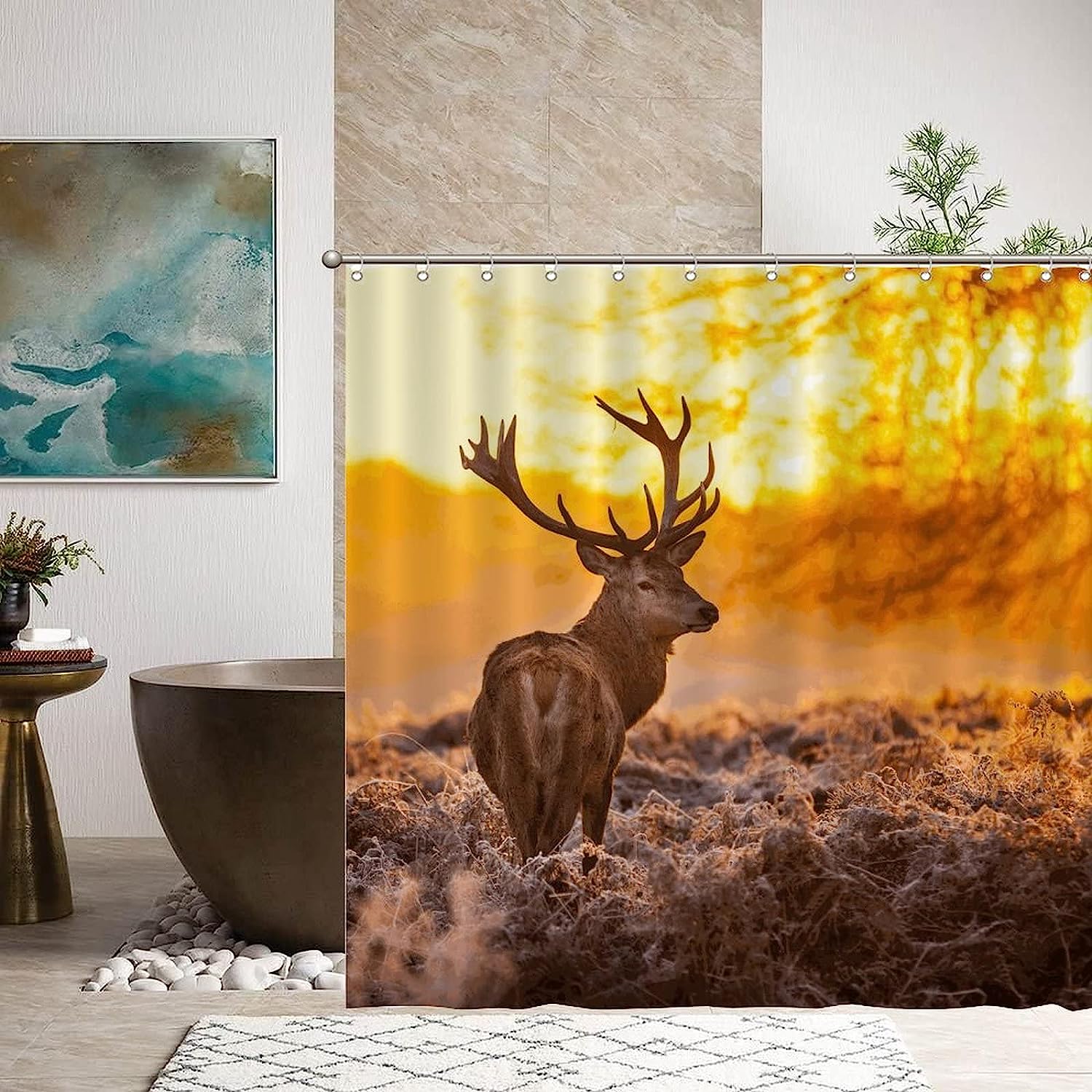 Red Deer at Sunrise Shower Curtain for Nature Bathroom Decor