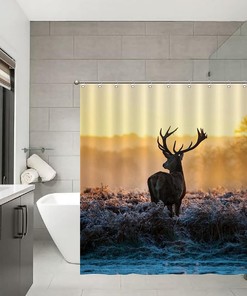 Red Deer in Forest Print Shower Curtain for Rustic Bathroom Decor