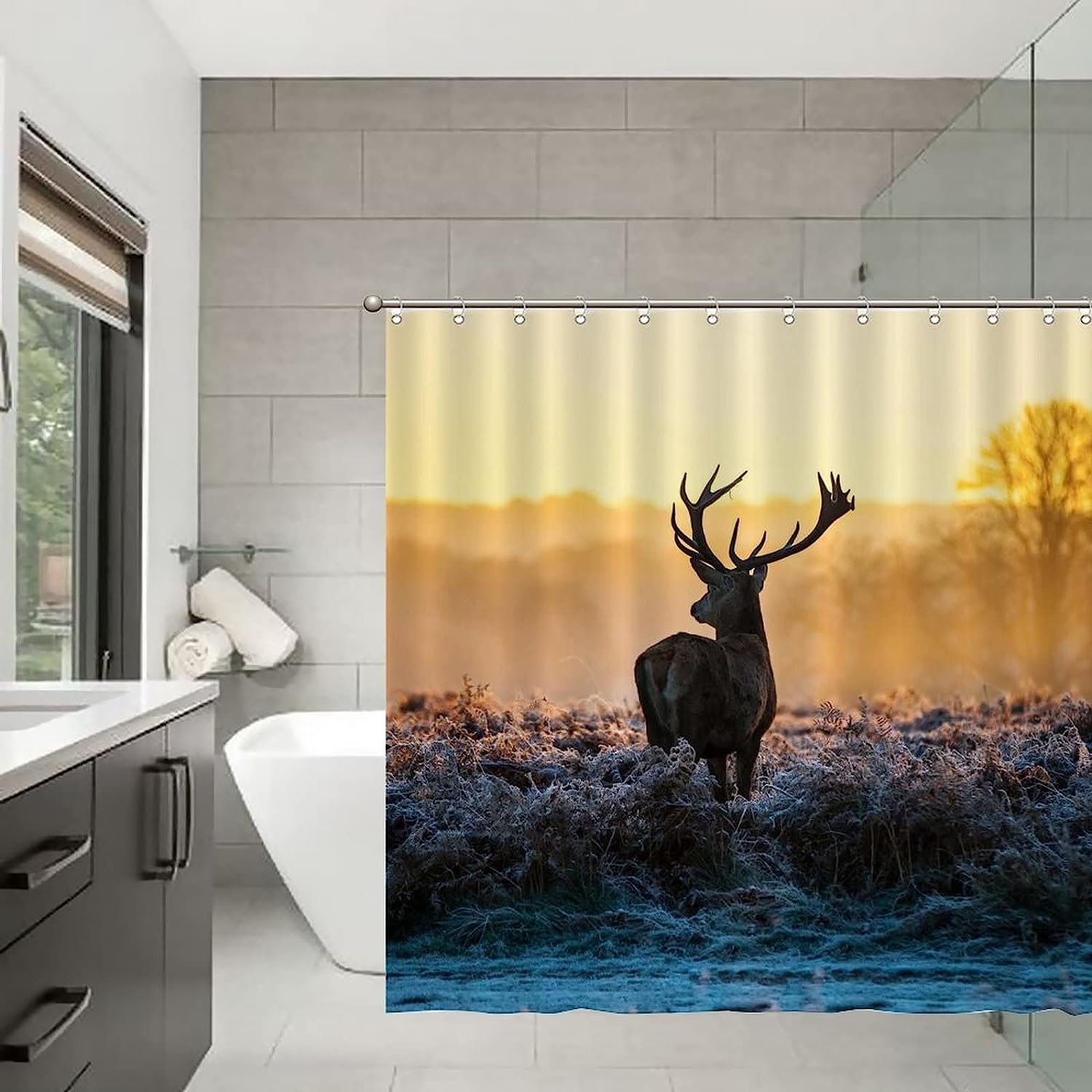 Red Deer in Forest Print Shower Curtain for Rustic Bathroom Decor