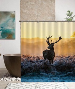 Red Deer in Forest Print Shower Curtain for Rustic Bathroom Decor