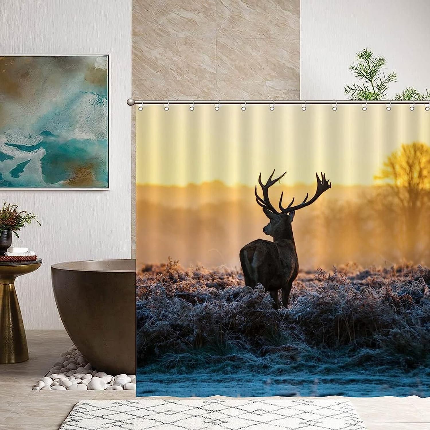 Red Deer in Forest Print Shower Curtain for Rustic Bathroom Decor