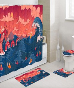 Red Dragon and Sea Waves Japanese Myth Shower Curtain for Bathroom Decor