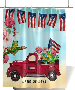 Red Farm Truck Puerto Rico Flag Frog Shower Curtain with Spring Flower and Beach Scenery for Boho Bathroom Decor