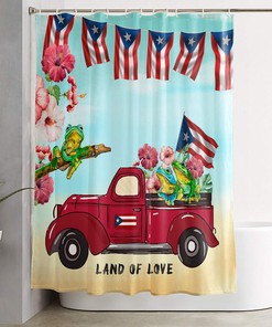Red Farm Truck Puerto Rico Flag Frog Shower Curtain with Spring Flower and Beach Scenery for Boho Bathroom Decor