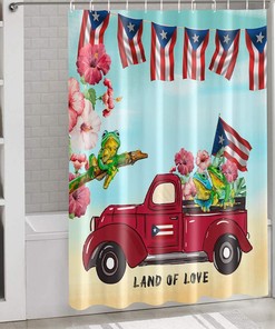 Red Farm Truck Puerto Rico Flag Frog Shower Curtain with Spring Flower and Beach Scenery for Boho Bathroom Decor