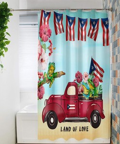 Red Farm Truck Puerto Rico Flag Frog Shower Curtain with Spring Flower and Beach Scenery for Boho Bathroom Decor