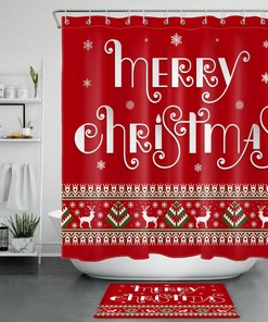 Red Farmhouse Christmas Tree Elk Snowflake Shower Curtain For Bathroom Decor