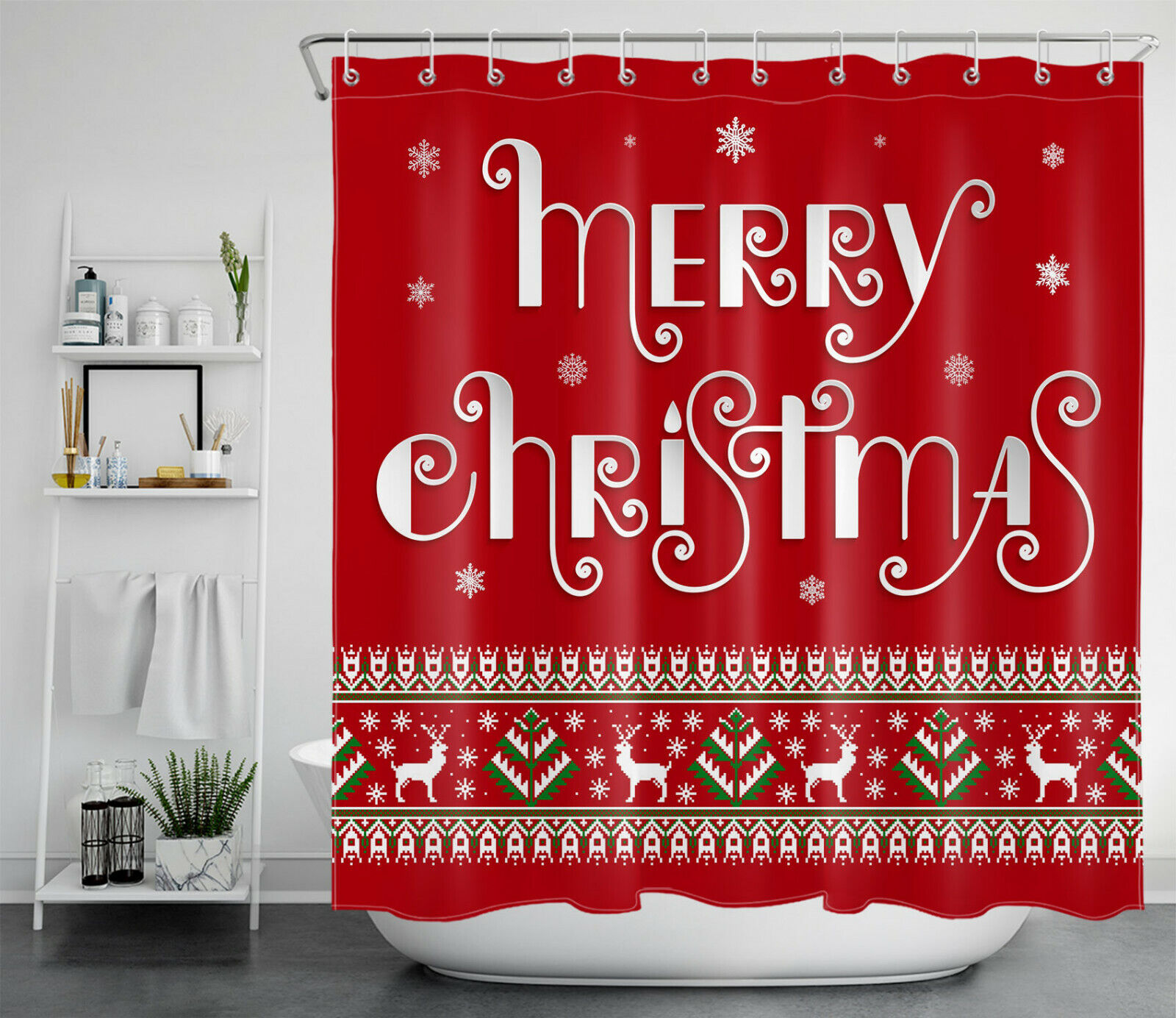 Red Farmhouse Christmas Tree Elk Snowflake Shower Curtain For Bathroom Decor