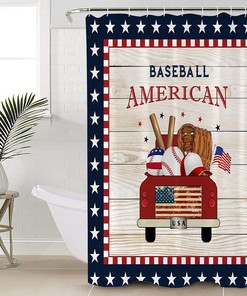 Red Flag Truck Baseball Star Pattern Plaid Shower Curtain for Patriotic Bathroom Decor