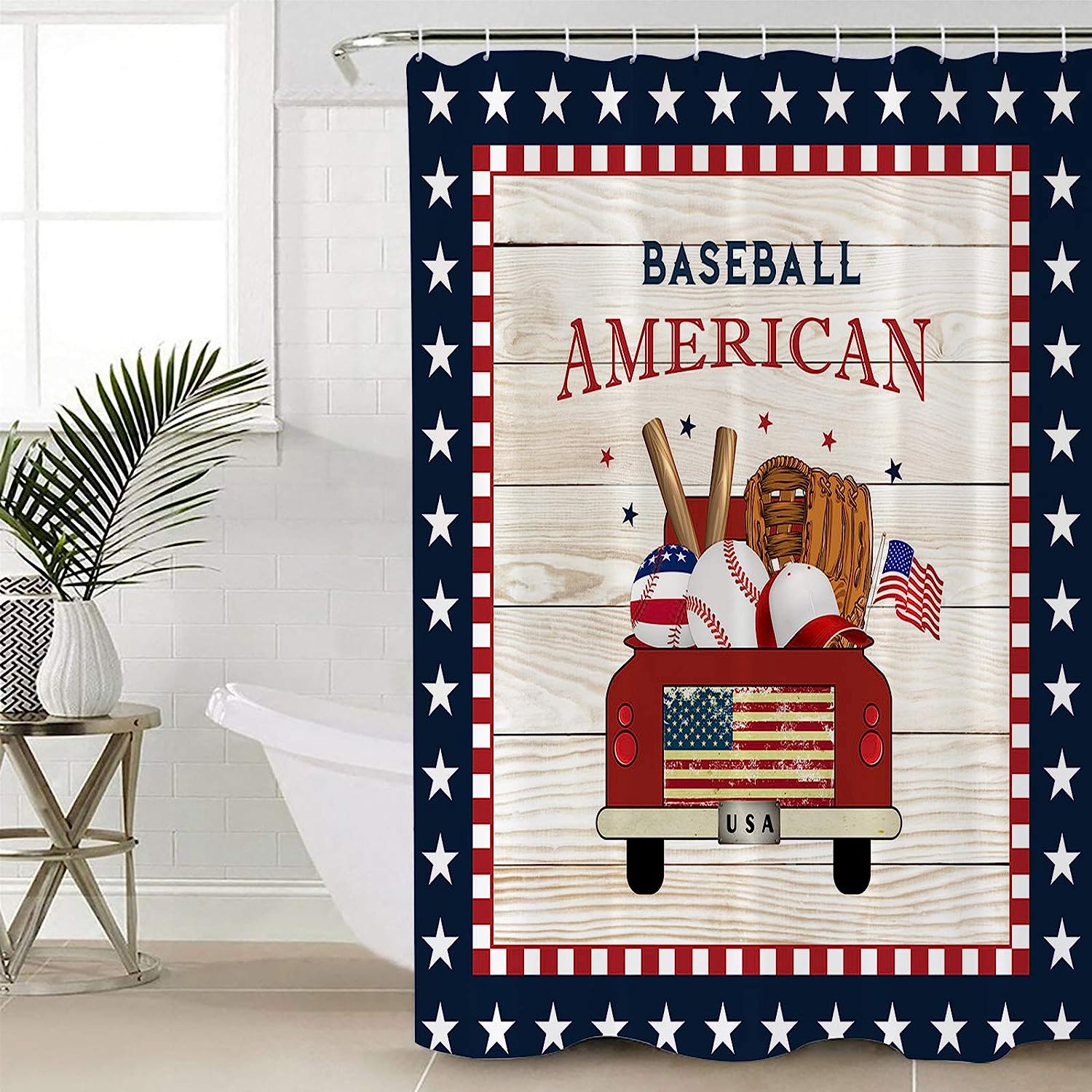 Red Flag Truck Baseball Star Pattern Plaid Shower Curtain for Patriotic Bathroom Decor