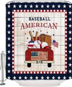 Red Flag Truck Baseball Star Pattern Plaid Shower Curtain for Patriotic Bathroom Decor