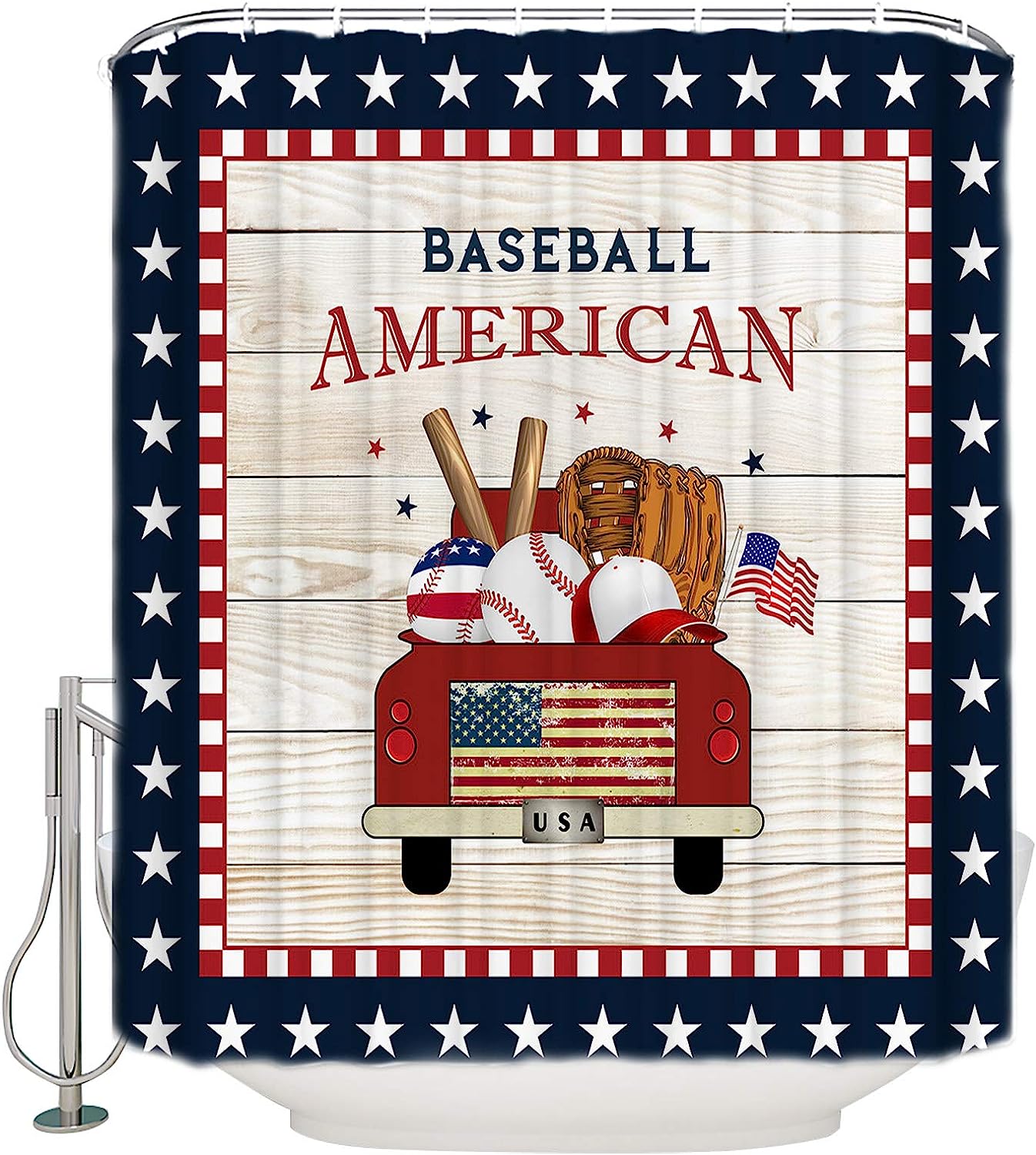 Red Flag Truck Baseball Star Pattern Plaid Shower Curtain for Patriotic Bathroom Decor