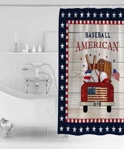 Red Flag Truck Baseball Star Pattern Plaid Shower Curtain for Patriotic Bathroom Decor
