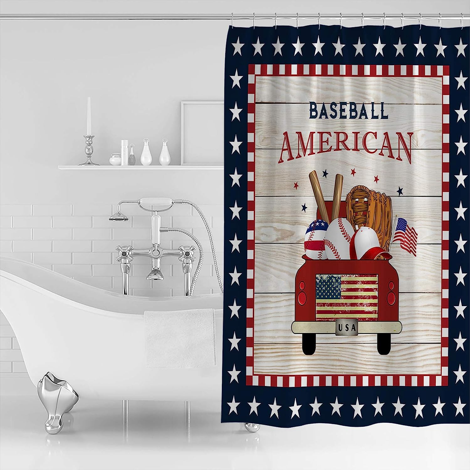 Red Flag Truck Baseball Star Pattern Plaid Shower Curtain for Patriotic Bathroom Decor