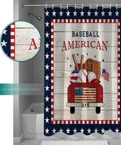 Red Flag Truck Baseball Star Pattern Plaid Shower Curtain for Patriotic Bathroom Decor