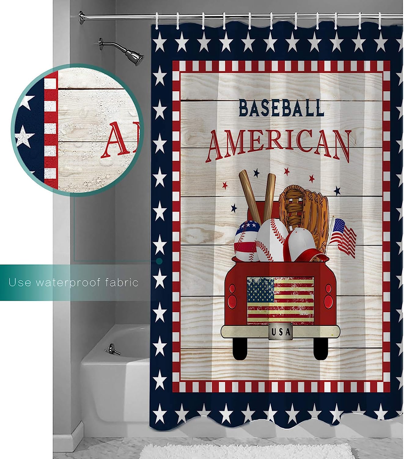 Red Flag Truck Baseball Star Pattern Plaid Shower Curtain for Patriotic Bathroom Decor