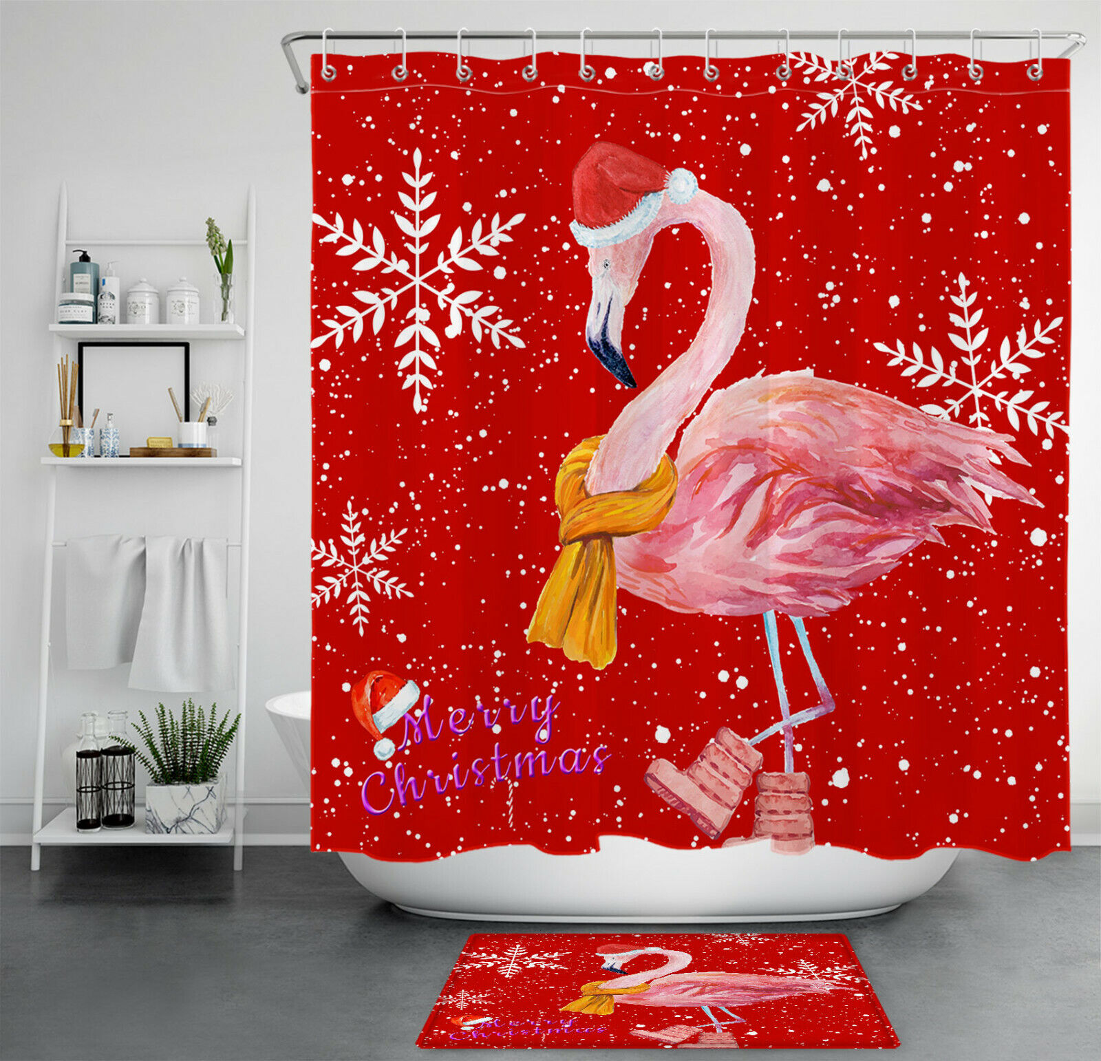 Red Flamingo Snowflake Christmas Shower Curtain - Tropical Festive Bathroom Decor