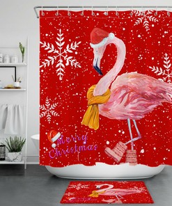 Red Flamingo Snowflake Shower Curtain for Cheerful Christmas Bathroom 