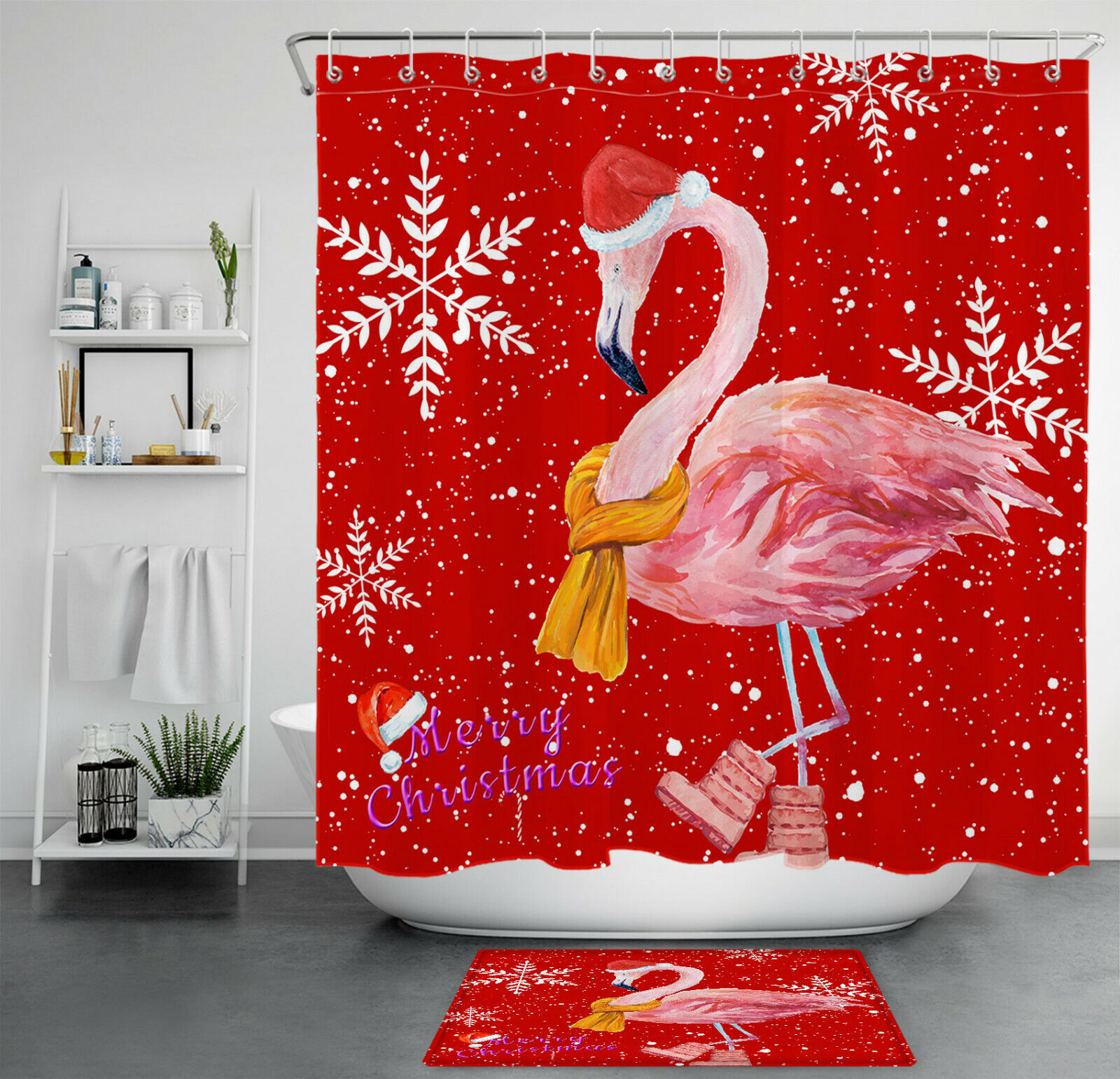 Red Flamingo Snowflake Shower Curtain for Cheerful Christmas Bathroom