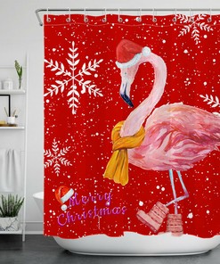 Red Flamingo Snowflake Shower Curtain for Cheerful Christmas Bathroom