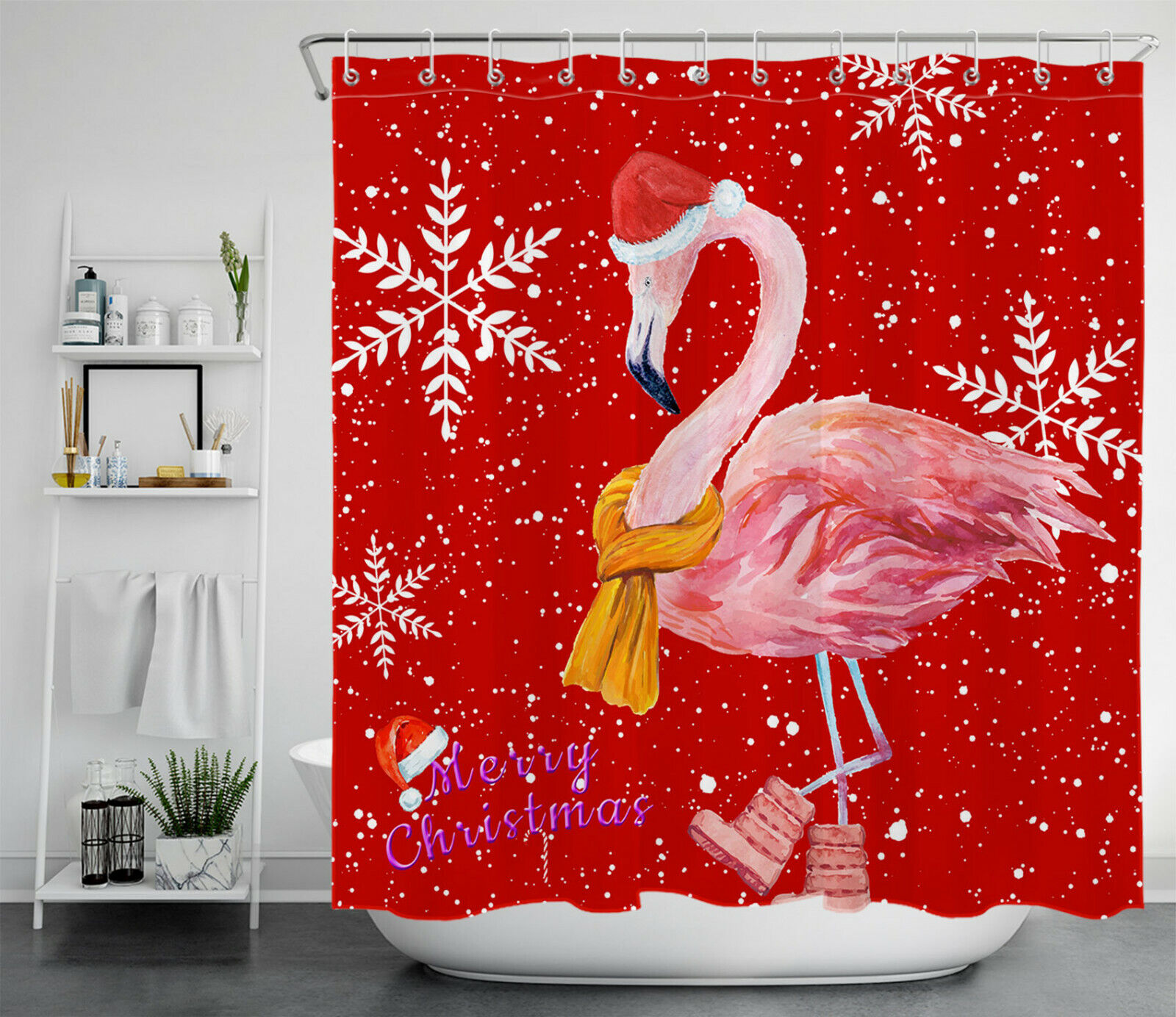 Red Flamingo Snowflake Shower Curtain for Cheerful Christmas Bathroom