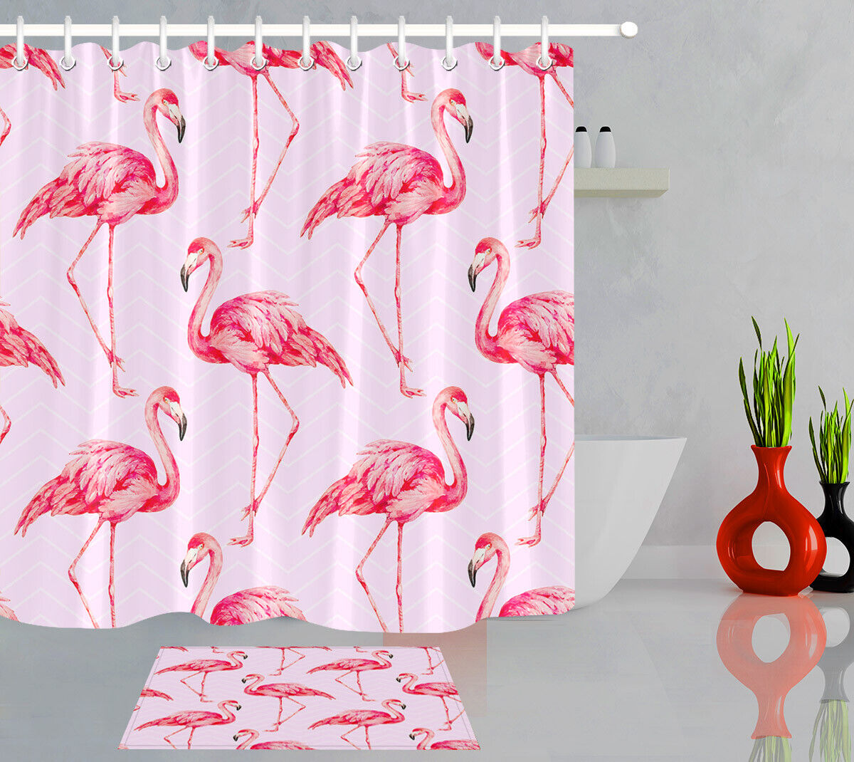 Red Flamingos Shower Curtain - Waterproof Fabric Bathroom Decor with Hooks