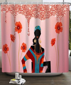 Red Floral Rose Shower Curtain - African American Women Girl Bathroom Decor
