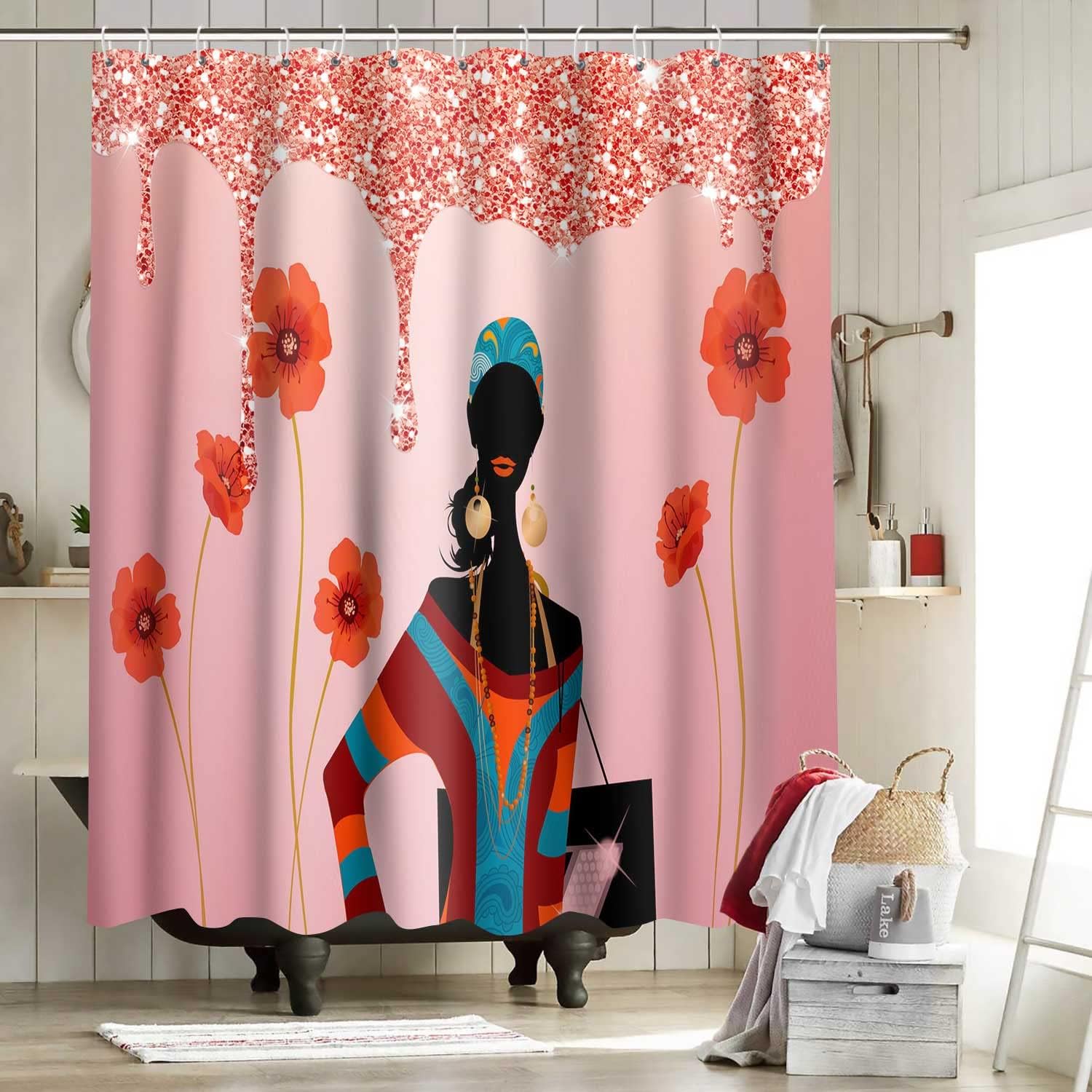 Red Floral Rose Shower Curtain - African American Women Girl Bathroom Decor