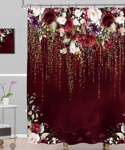 Red Floral Shower Curtain Burgundy Rose Golden Glitter Wedding Bridal Women Fabric