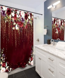 Red Floral Shower Curtain Burgundy Rose Golden Glitter Wedding Bridal Women Fabric
