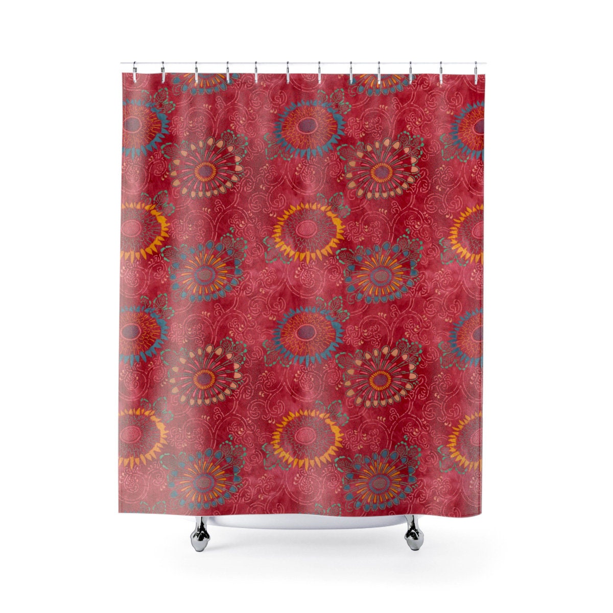Red Floral Shower Curtain For College Dorm Bathroom Decor