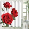 Red Flower Fabric Bathroom Curtain - Elegant Rose Shower Curtain with Floral Bathroom Decor