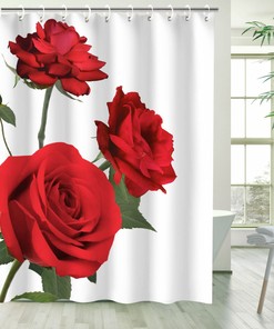 Red Flower Fabric Bathroom Curtain - Elegant Rose Shower Curtain with Floral Bathroom Decor