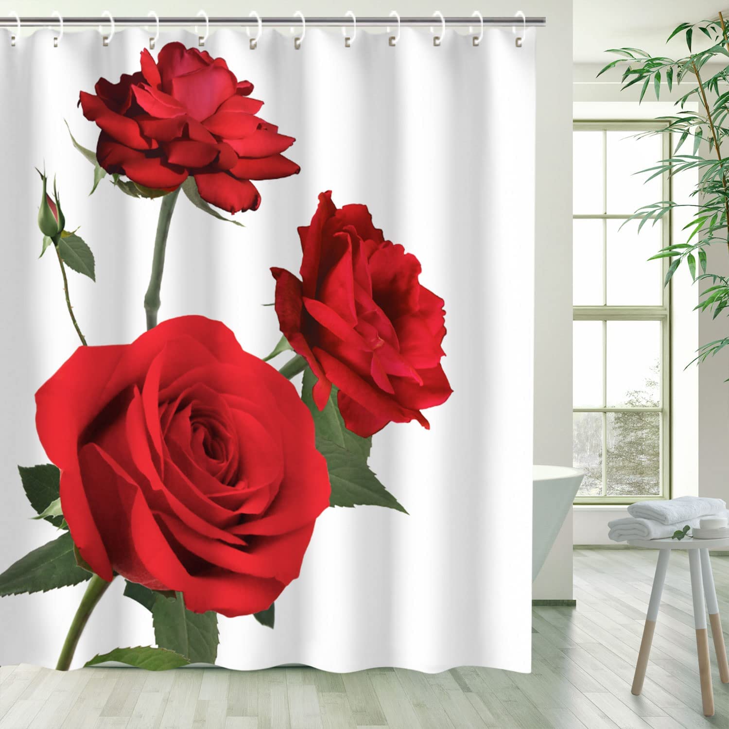 Red Flower Fabric Bathroom Curtain - Elegant Rose Shower Curtain with Floral Bathroom Decor