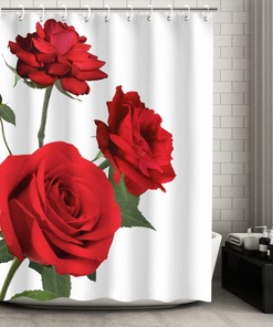 Red Flower Fabric Bathroom Curtain - Elegant Rose Shower Curtain with Floral Bathroom Decor