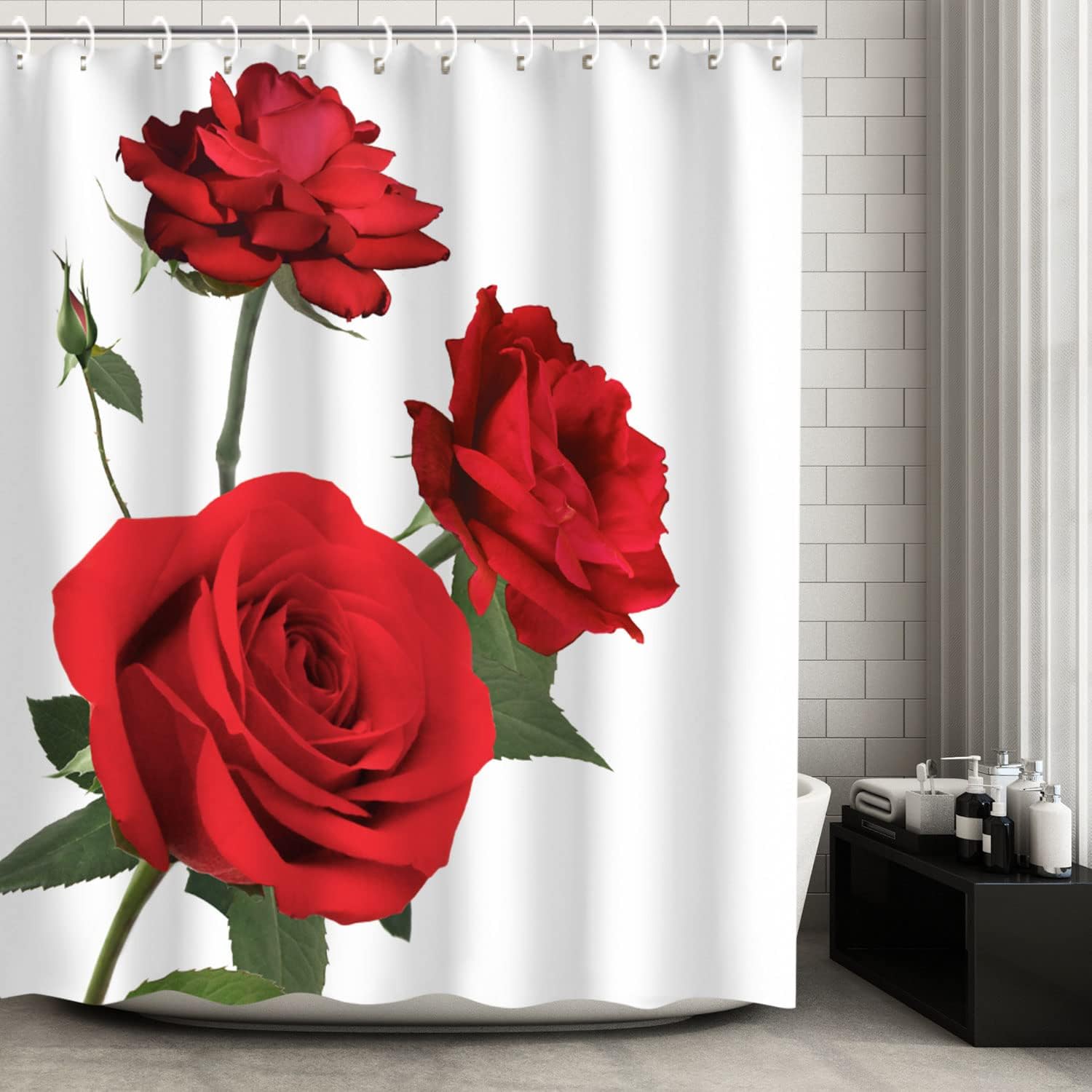 Red Flower Fabric Bathroom Curtain - Elegant Rose Shower Curtain with Floral Bathroom Decor