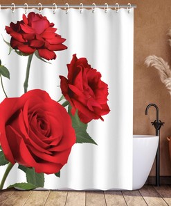 Red Flower Fabric Bathroom Curtain - Elegant Rose Shower Curtain with Floral Bathroom Decor