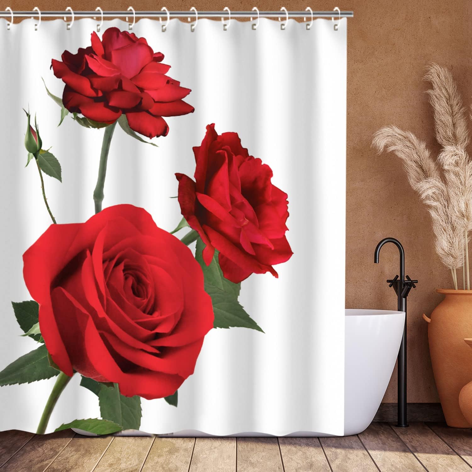 Red Flower Fabric Bathroom Curtain - Elegant Rose Shower Curtain with Floral Bathroom Decor
