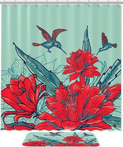 Red Flowers And Hummingbirds Print Shower Curtain Liner, Fabric Bathroom Decor