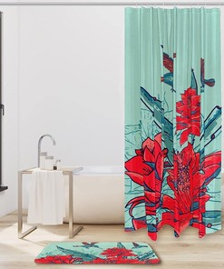 Red Flowers And Hummingbirds Print Shower Curtain Liner, Fabric Bathroom Decor