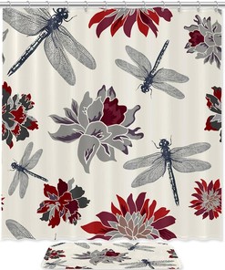 Red Flowers Dragonflies Printed Bathroom Tub Set With Waterproof Fabric Shower Curtain
