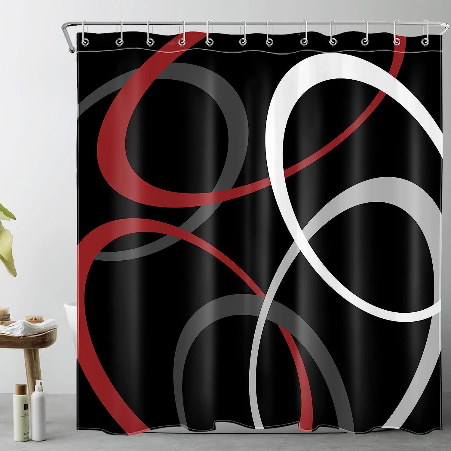 Red Geometric Shower Curtain, Abstract Minimalist Grey And White Design, Modern Aesthetic Bathroom Decor