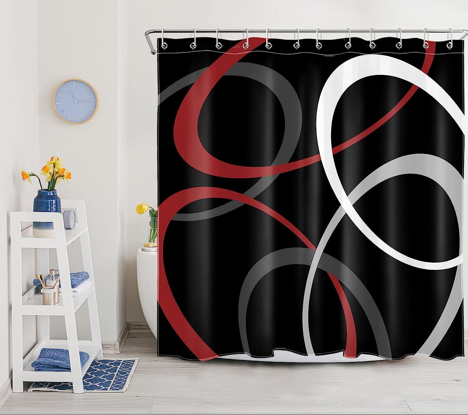 Red Geometric Shower Curtain, Abstract Minimalist Grey And White Design, Modern Aesthetic Bathroom Decor